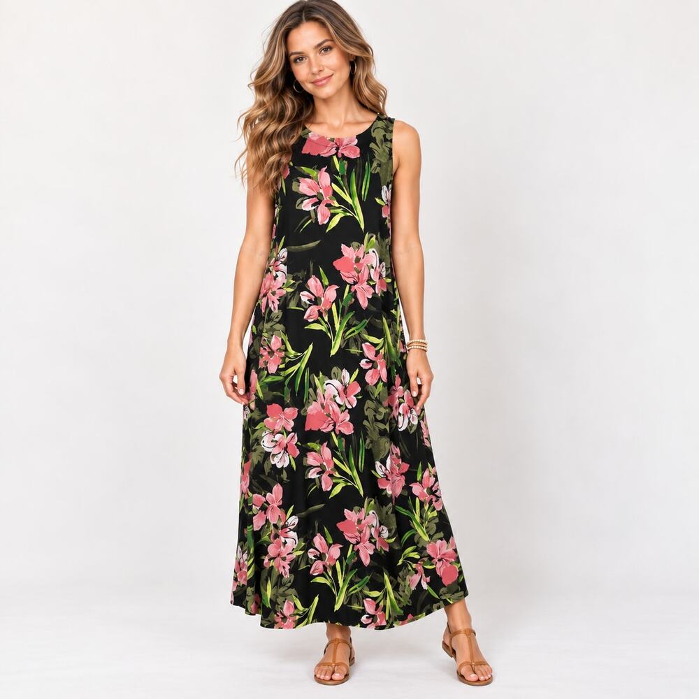 Susan Graver Liquid Knit Sleeveless Dress Women's Size M Black Pink Floral